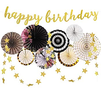 【中古】【輸入品・未使用】誕生日デコレーション 女性と男性のための誕生日デコレーション 誕生日バナー ブラックフラワー ペーパーファン ゴールドスターガーランド 記念｜アトリエ絵利奈