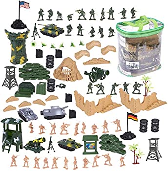 【中古】【輸入品・未使用】Juvale 100ピース 軍用フィギュアとアクセサリー ? 2色 戦争兵士プレイセット 2つの旗と戦場アクセサリー