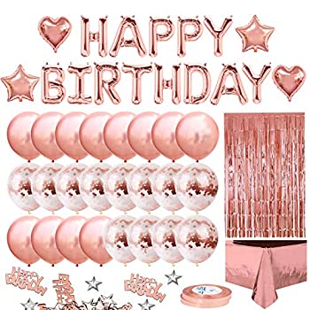 【中古】【輸入品・未使用】MOVINPE ローズゴールド誕生日パーティーデコレーション Happy Birthdayバナー ローズゴールドフリンジカーテン ホイルテーブルクロス ハートス
