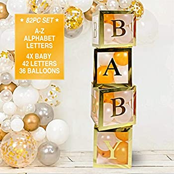 【中古】【39shop】【輸入品・未使用】82個★ゴールド ニュートラル ベビーシャワー デコレーション 男の子と女の子に - ジャンボ 透明 ベビーブロック バルーン ボックス BABY A - Z（新古品）｜アトリエ絵利奈