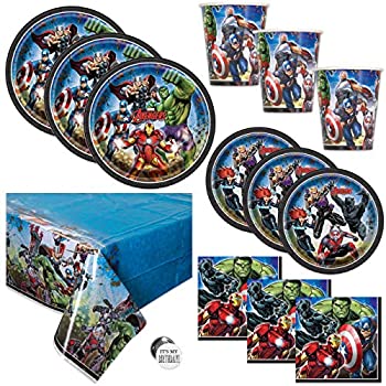 【中古】【輸入品・未使用】アベンジャーズテーマ誕生日パーティー用品セット 16名様用 テーブルカバー 大小皿 カップ ナプキン ボタン