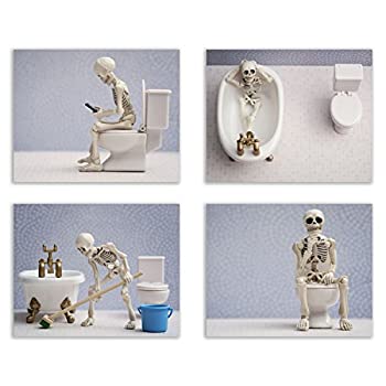 【中古】【輸入品・未使用】Skeleton Bathroom Prints - Funny Hipster Skull and Bones Wall Art Decor - Set of 4 (8 x 10) Photos
