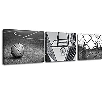 【中古】【輸入品・未使用】3パネルブラックandホワイト壁アートアンティークバスケットボールと低角度ビューバスケットボールフープスポーツキャンバスアートモダンホーム
