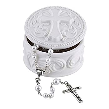【中古】【輸入品・未使用】ホワイト磁器クロスロザリオジュエリーボックス 2 3/4インチ