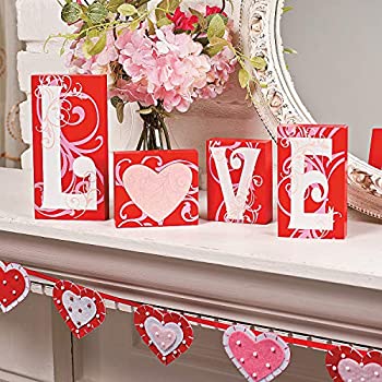 【中古】【輸入品・未使用】Love Blocks Wooden V-day Gift Table Top Decoration Home Accent Red Pink White Scrolls Heart Shape Design Romantic Sign L O V E Words Va画像
