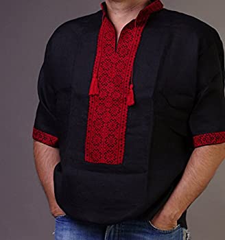 【中古】【39shop】【輸入品・未使用】Vyshyvankaメンズハンドメイド刺繍ブラックレッドリネンシャツウクライナ半袖Sサイズ(新古品)|アトリエ絵利奈