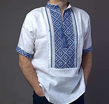 【中古】【39shop】【輸入品・未使用】Rushnichok★VYSHYVANKA メンズ ウクライナ刺繍 シャツ ハンドメイド ホワイト ブルーリネン 半袖 M（新古品）｜アトリエ絵利奈