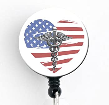 【中古】【輸入品・未使用】アメリカ国旗ハートCaduceus???格納式バッジリールwith回転クリップとextra-long 34インチコード???バッジホルダー