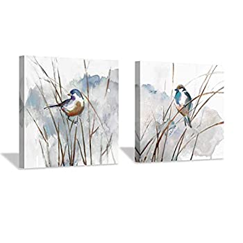 【中古】【輸入品・未使用】抽象画 鳥 ウォールアート リードの上の動物 水彩画アートワーク プリント 寝室用 (12インチ x 12インチ x 2パネル)