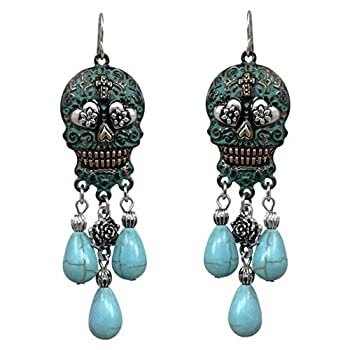 【中古】【39shop】【輸入品・未使用】Turquoise★Stone Dangling Sugar Skull Fish Hook Earrings（新古品）｜アトリエ絵利奈