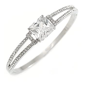 宅配 L 19cm メタル シルバートーン 光沢仕上げ ブレスレット バングル キュービックジルコニア プリンセスカット クリスタル Off Show 中古 輸入品 未使用未開封 Avalaya B07m79mnbq Pkmcangkringan Slemankab Go Id