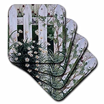 【中古】【39shop】【輸入品・未使用】(set-of-4-Soft)★- 3dRose cst_44360_1 Weathered White Picket Garden Fence with Daisies and Vines-Soft Coasters Set of 4(新古品)|アトリエ絵利奈