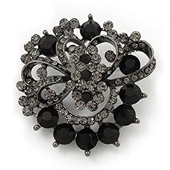 【中古】【39shop】【輸入品・未使用】Avalaya★Dim グレー&ジェットブラック ディアマンテ コサージュ ブローチ ガンメタル仕上げ 直径5cm（新古品）｜アトリエ絵利奈