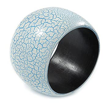 中古 輸入品 未使用未開封 Avalaya 幅広 厚手 ホワイト ライトブルー ひび割れ効果 木製ブレスレット バングル M 長さ19cm Painfreepainrelief Com