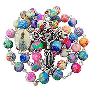 【中古】【輸入品・未使用】TALISMAN4U カトリックロザリオネックレス カラフルなポリマービーズ ファティマの聖母 イエス 十字架 聖地ギフト