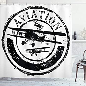 【中古】【輸入品・未使用】ヴィンテージ飛行機装飾シャワーカーテンby Ambesonne、グランジスタンプデザインでWord航空、飛行機シルエット、ファブリックバスルームDecorセ
