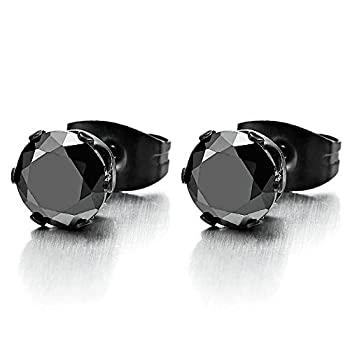 【中古】【輸入品・未使用】(Stone Size: 3MM) - 3-8MM Black Cubic Zirconia Mens Ladies Black Stud Earrings Stainless Steel 1 Pair 8,985円