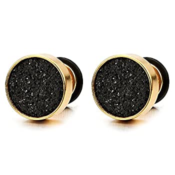 【中古】【輸入品・未使用】(Wide:6MM) - 6-10mm Mens Women Gold Stud Earrings Steel Illusion Tunnel Plug Screw Back with Black Sand Glitter