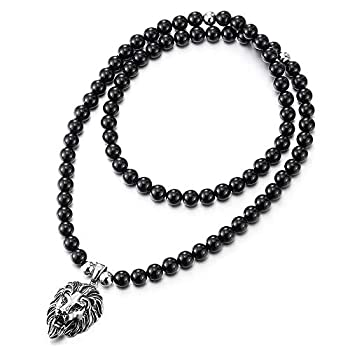 【中古】【39shop】【輸入品・未使用】COOLSTEELANDBEYOND★ゴシックパンクロックメンズブラックオニキスビーズネックレス ステンレススチール ヴィンテージライオンヘッドペンダント（新古品）｜アトリエ絵利奈