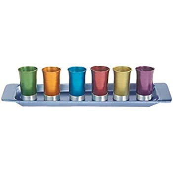 【中古】【輸入品・未使用】Yair Emanual Set of 6 Small Kiddush Goblets Cups with Tray Aluminium Multicolor Judaica (GS-6A)