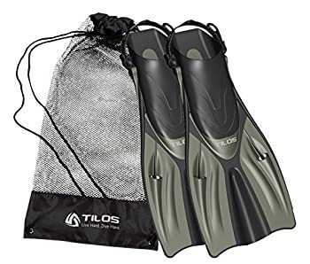 【中古】【輸入品・未使用】(S/M (4.5 - 8.5) Titanium) - Tilos Getaway Snorkelling Fins Open Heel Fins with Mesh Bag Extra Wide Foot Pocket