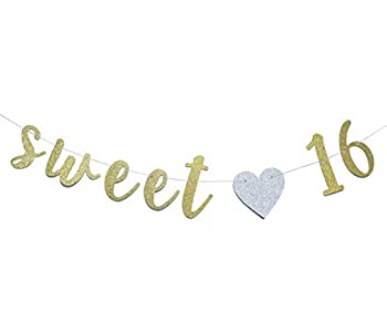 【中古】【39shop】【輸入品・未使用】Sweet★16 バナー ゴールドグリッター ハート付き 16歳の誕生日パーティー用デコレーション用品 紐付き 筆記体 旗 写真ブース小道具 サイン (ゴー(新古品)|アトリエ絵利奈