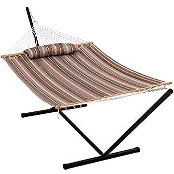 【中古】Lazy Daze ハンモック12フィートスチールハンモックスタンド キルト生地のハンモックコンボと枕付き オリーブグリーン/トープ ストライプ