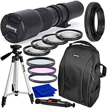 【中古】Ultimaxx 500mm f/8 (2x コンバーター 1000mm) マニュアルマルチコートプリセット望遠レンズキット Canon EOS T5 T5i T6 T7 T6i T6s T7i SL1 SL2|アトリエ絵利奈