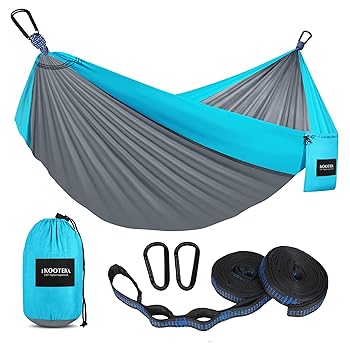 【中古】Kootek キャンピングハンモック ダブル&シングル ポータブルハンモック ツリーストラップ2本 軽量ナイロンパラシュートハンモック バックパッキ
