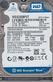 【中古】wd3200bpvt-24jj5t0、DCM hhmtjab、Western Digital 320 GB SATA 2.5ハードドライブ