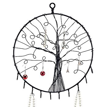 【中古】Wall Hanging Round Metal Tree Silhouette Design Jewellery Holder, Earrings and Necklace Hooks, Black