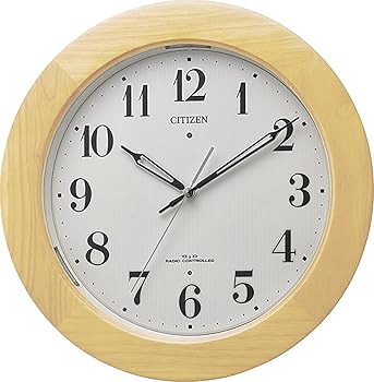 【中古】リズムRHYTHM シチズン 掛け時計 電波時計 アナログ 暗所 ライト 自動 点灯 高輝度 LED 木 茶 薄茶 φ33.0×5.1cm CITIZEN 4MYA35-007
