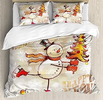 【中古】Ambesonne クリスマス掛け布団押しかぶせる仕掛ける 滑る用 ハッピースノーマン ヨーロッパ樅 晴れ晴れしいな手描きのかざり付ける的な雪のたま物 3点仕掛ける 枕河馬