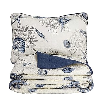 【中古】Bayside Coverletセットビーチテーマ掛け布団セットクイーンサイズBedspreads Kingサイズ キング ブルー
