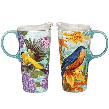 【中古】【39shop】旅行コーヒーセラミックマグ磁器Latte★Tea Cup with Lid inギフトボックス17oz。Goldfinches by Cedarホーム、2のセット(非常に良い)|アトリエ絵利奈