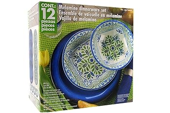 【中古】Melamine 12 Piece Dinnerware Set Blue & Green - Suitable Indoors and Outdoors