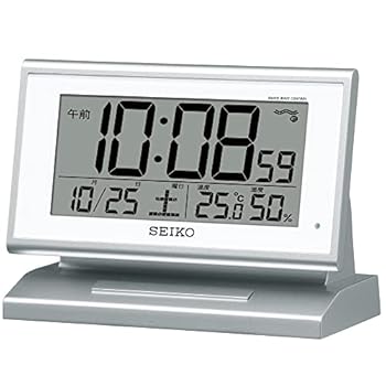 【中古】セイコークロックSeiko Clock 目覚まし時計 自動点灯 電波 デジタル カレンダー 温度 湿度 表示 夜でも見える 銀色 メタリック SQ768S SEIKO
