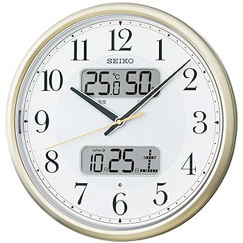 【中古】セイコークロック 掛け時計 自動点灯 電波 アナログ カレンダー 温度 湿度 表示 夜でも見える 薄金色 パール KX384S