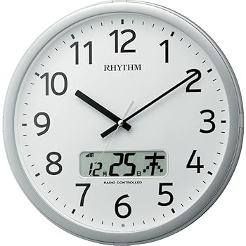 【中古】【39shop】リズムRHYTHM★掛け時計 電波時計 オフィス 24回チャイム機能 時報機能 カレンダー シルバー Φ35×5.5cm オフィス用品 工場 事務所 プログラムカ(良い)|アトリエ絵利奈