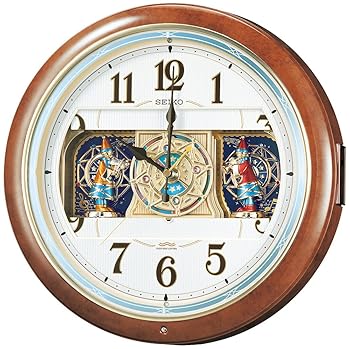 【中古】セイコークロック 掛け時計 からくり時計 電波時計 アナログ からくり 6曲 メロディ 茶 マーブル 模様 RE559H