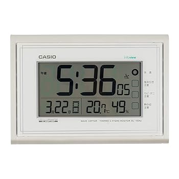【中古】CASIOカシオ 掛け時計 電波 デジタル 常時点灯 生活環境 温度 湿度 カレンダー 表示 ホワイトH18×W26×D3.5cm IDL-150NJ-7JF