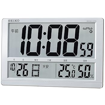 【中古】【39shop】セイコークロックSeiko★Clock セイコー クロック 掛け時計 置き時計 兼用 電波 デジタル カレンダー 六曜 温度 湿度 表示 大型 銀色 メタリック(良い)|アトリエ絵利奈