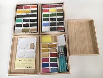 【中古】呉竹 顔彩耽美 MC22-14 48色書き割り水筆３本 調色板 桐九鼎大呂