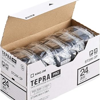 【中古】【39shop】キングジム★純正 テプラPROテープカートリッジ エコパック5個入 24mm 透明ラベル/黒文字 長さ8m ST24K-5P(非常に良い)｜アトリエ絵利奈