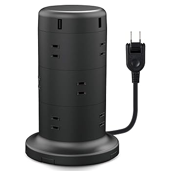【中古】エレコム 電源タップ タワー型 延長コード 12個口 & USB×5ポート 固定パーツ付 雷ガード ほこりシャッター 2m ブラック ECT-0720BK