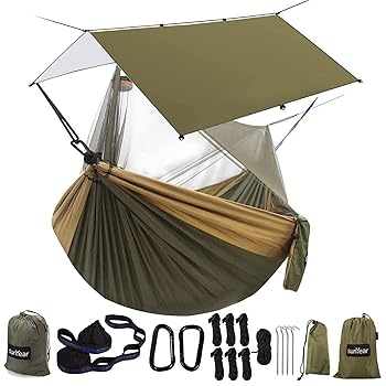 【中古】Sunyear ハンモック キャンプ レインフライタープとネット ポータブルキャンプハンモック ダブルツリーハンモック アウトドア 屋内 バックパッキ