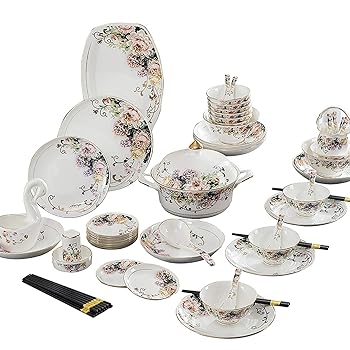 【中古】陶芸食器のどんぶり鉢と皿の仕掛ける身寄りの北欧の花骨の中国のどんぶり鉢と箸セットスープボウル 晩さん会食器仕掛ける 色 : White, Size : 60パソコン