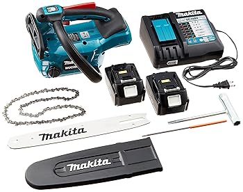 【中古】マキタ 申し受ける式チェンソー ガイドバー250MM 青 18V 6AHバッテリ2本・申し受ける器付 MUC254DRGX