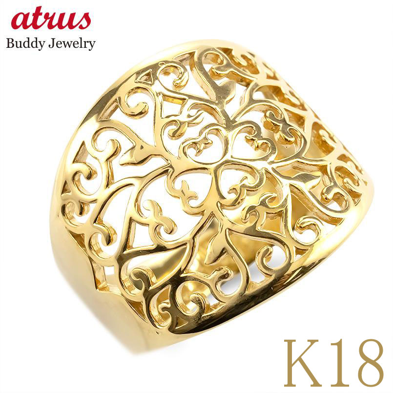 【10%OFFクーポンセール】 婚約指輪 18金 リング 指輪 レディース アラベスク アンティーク調 イエローゴールドk18 ゴールド エンゲージリング 幅広 太め 透かし 地金|ジュエリー工房アトラス