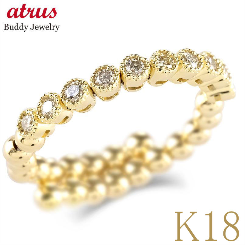 【最短発送】 18金 リング レディース フリーサイズ ダイヤモンド 0.2ct イエローゴールドk18 形状記憶 ミル打ち アンティーク調 ユニセックス 重ね付け 日本製